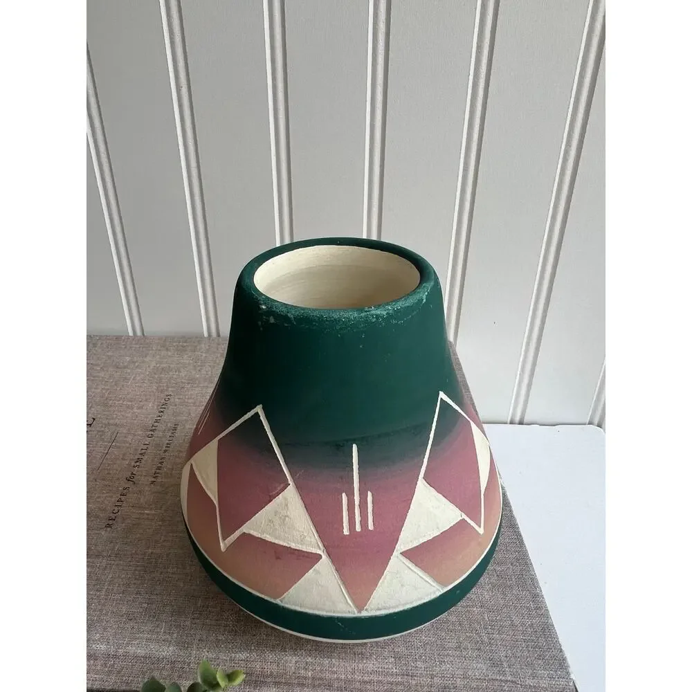 Vintage Sioux Native American Pottery Vase Signed Blue Green Pink Flare Bottom